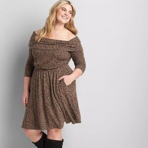 LANE BRYANT Leopard Print Off The Shoulder Knit Dress Fit & Flare SIze 14 16 New